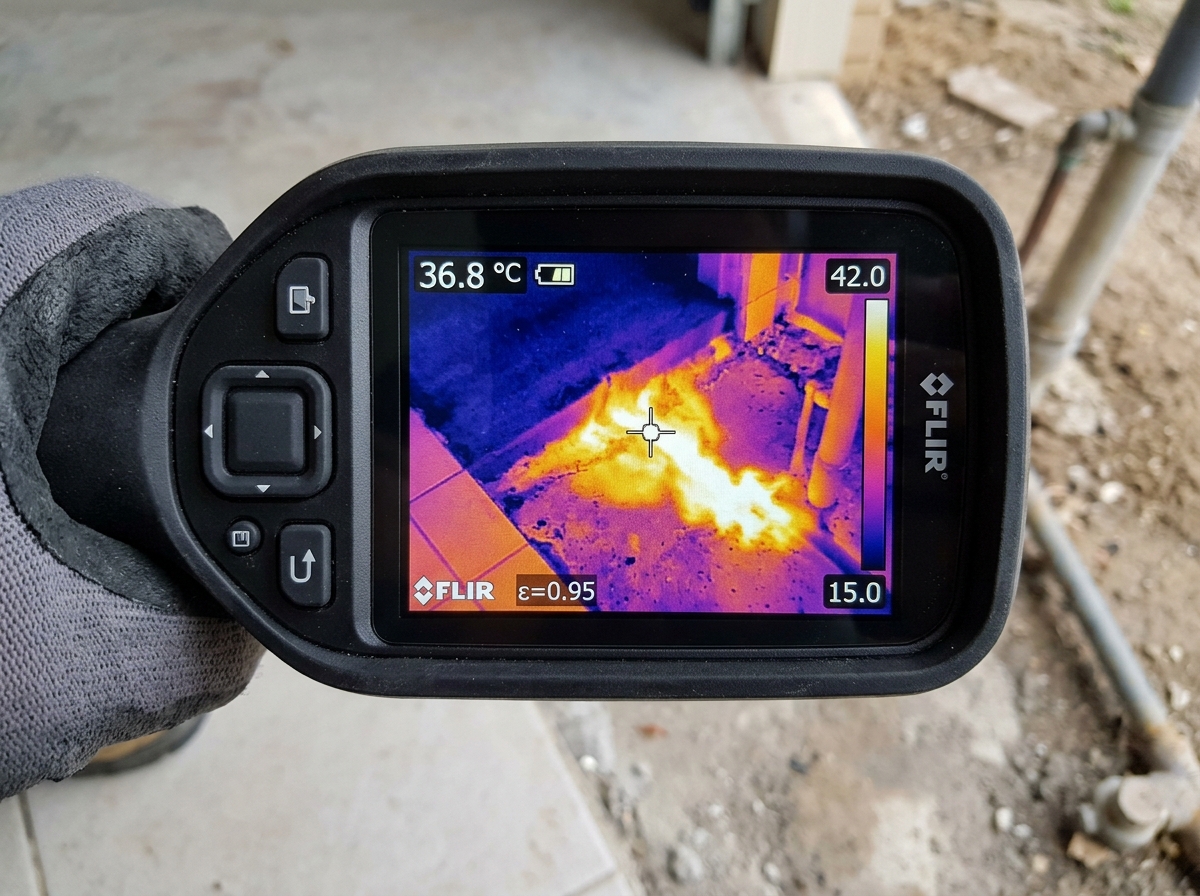 Thermal imaging scan revealing hot water slab leak under tile flooring in Temple TX