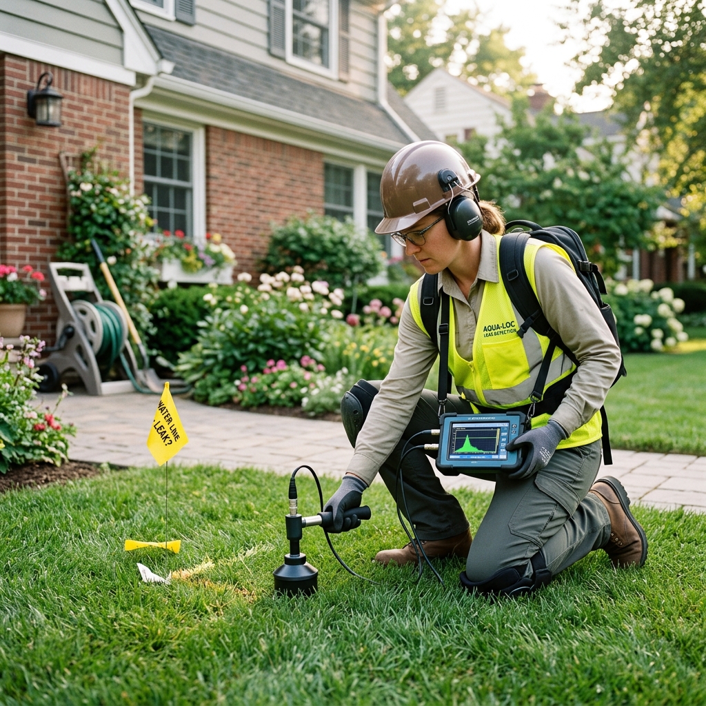 Plumber using acoustic leak detector to locate hidden water pipe breach in Temple TX