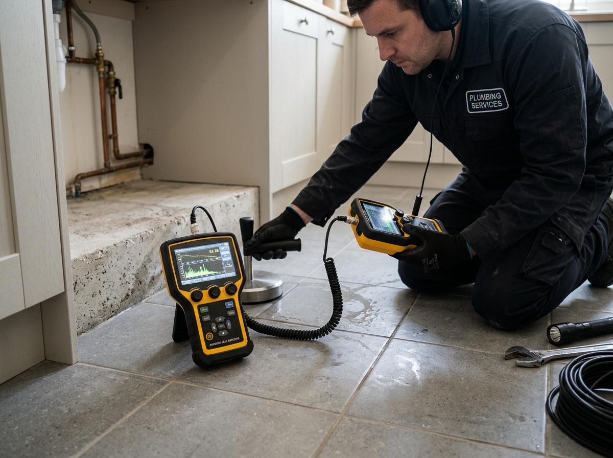 Plumbing technician compiling technical slab leak insurance documentation in Temple TX